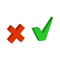 Check mark tick and cross cancel icon.Isometric and 3D view.
